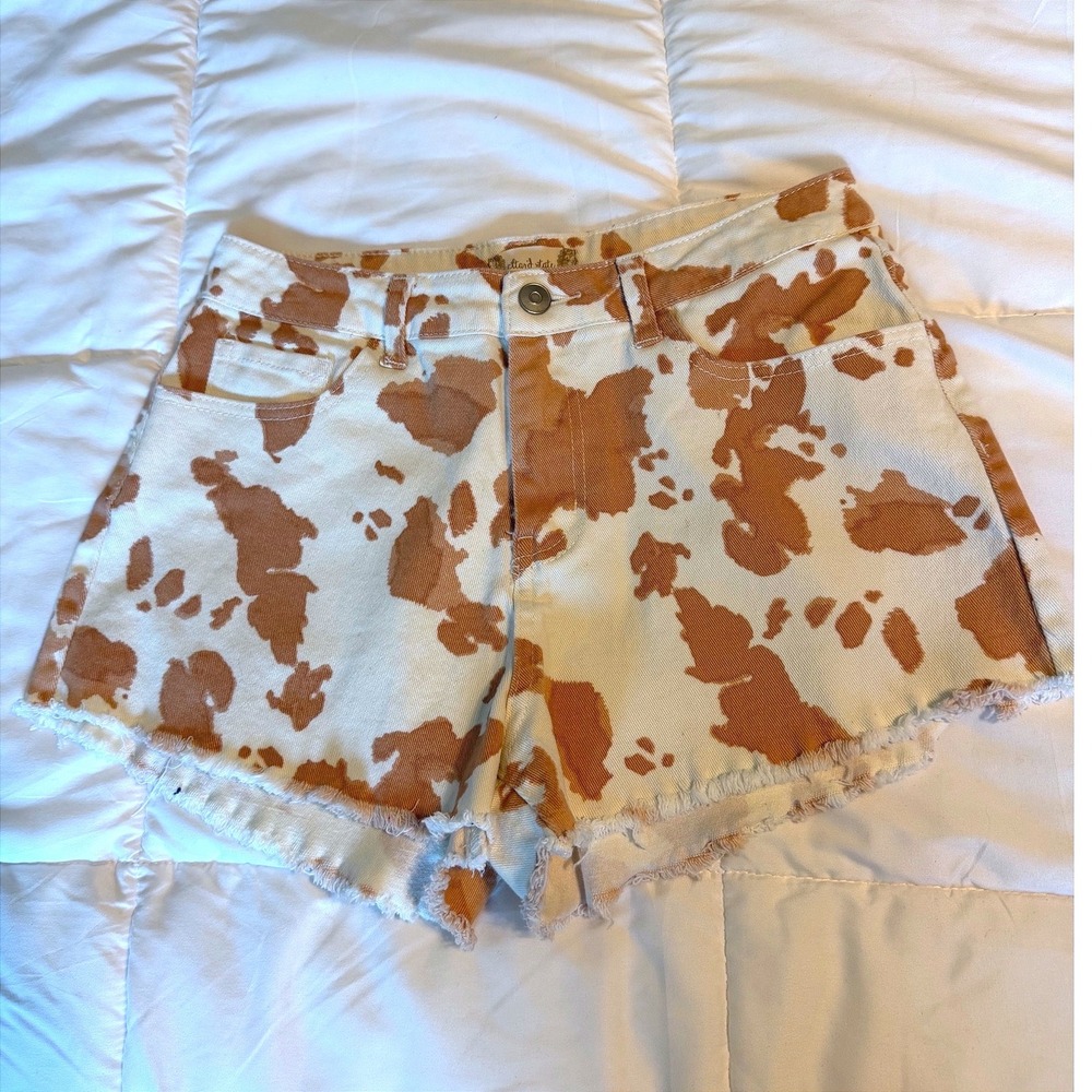 Altar'd State Denim Shorts Womens M Brown White Cow Print Excellent Cutoff